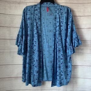 Ruby Ribbon Blue Floral Cardigan or Wrap Top Ruffle Sleeve Size Medium